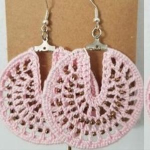 Pink Crocheted Earrings with Gold Beads